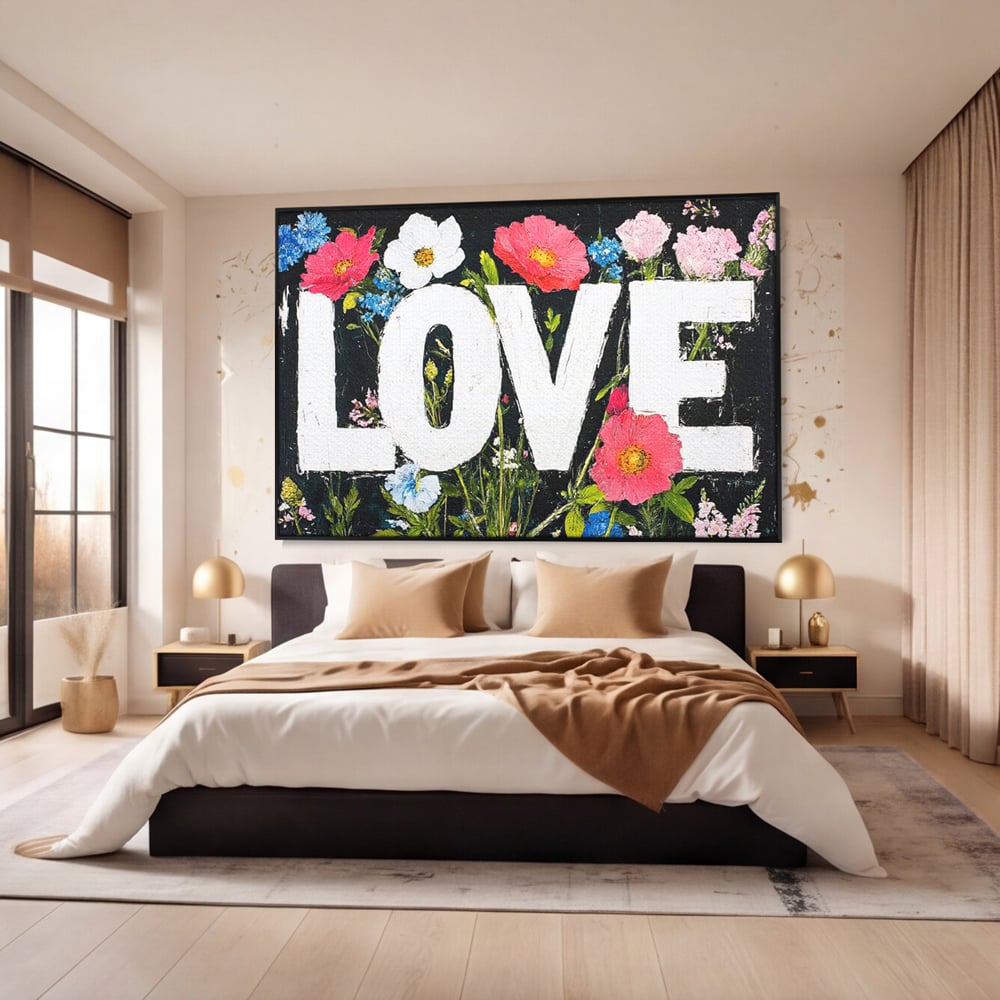 Tablou canvas cu tablou canvas cu flori si cuvantul love, in rama de aluminiu negru, pe perete intr-un dormitor